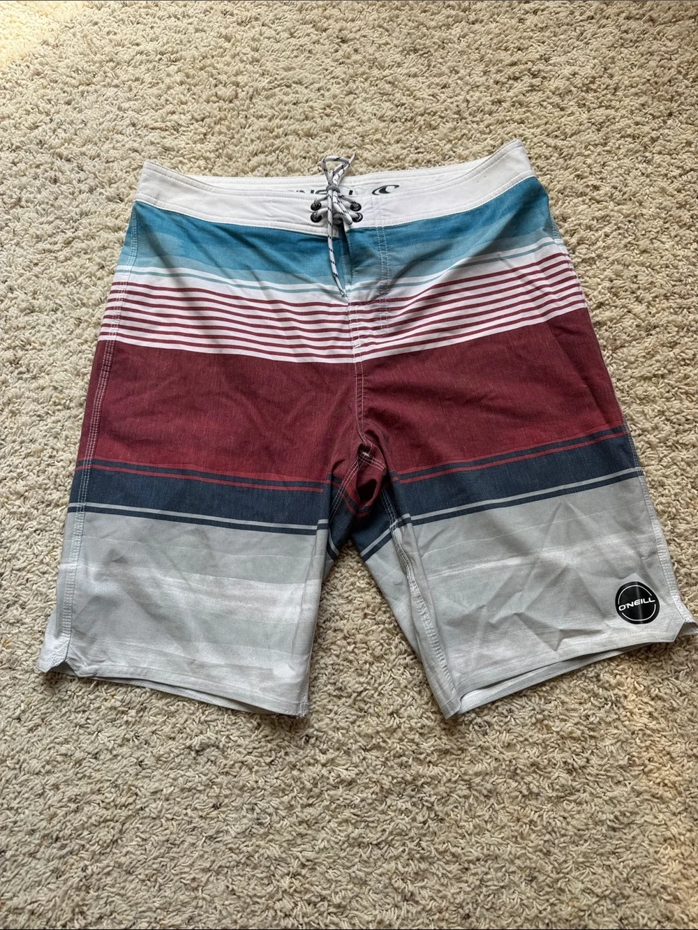 O'Neill Men's Striped Boardshorts in Teal, Maroon and Gray, Men’s waist size 30